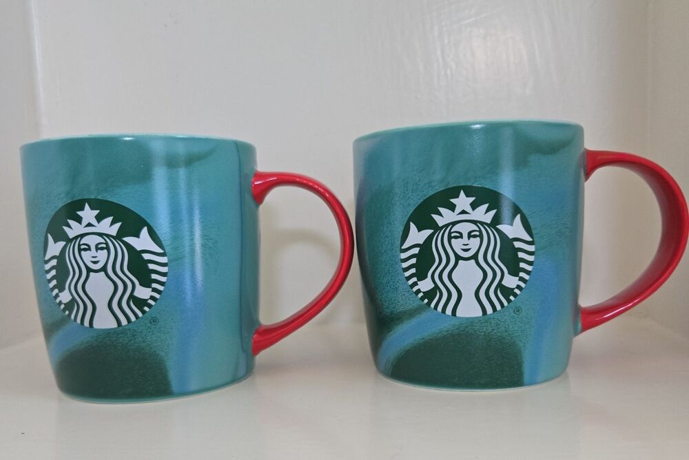 2 Starbucks 2024 Christmas Holiday Marbled Coffee Mugs with Red Handle 11oz NWOT